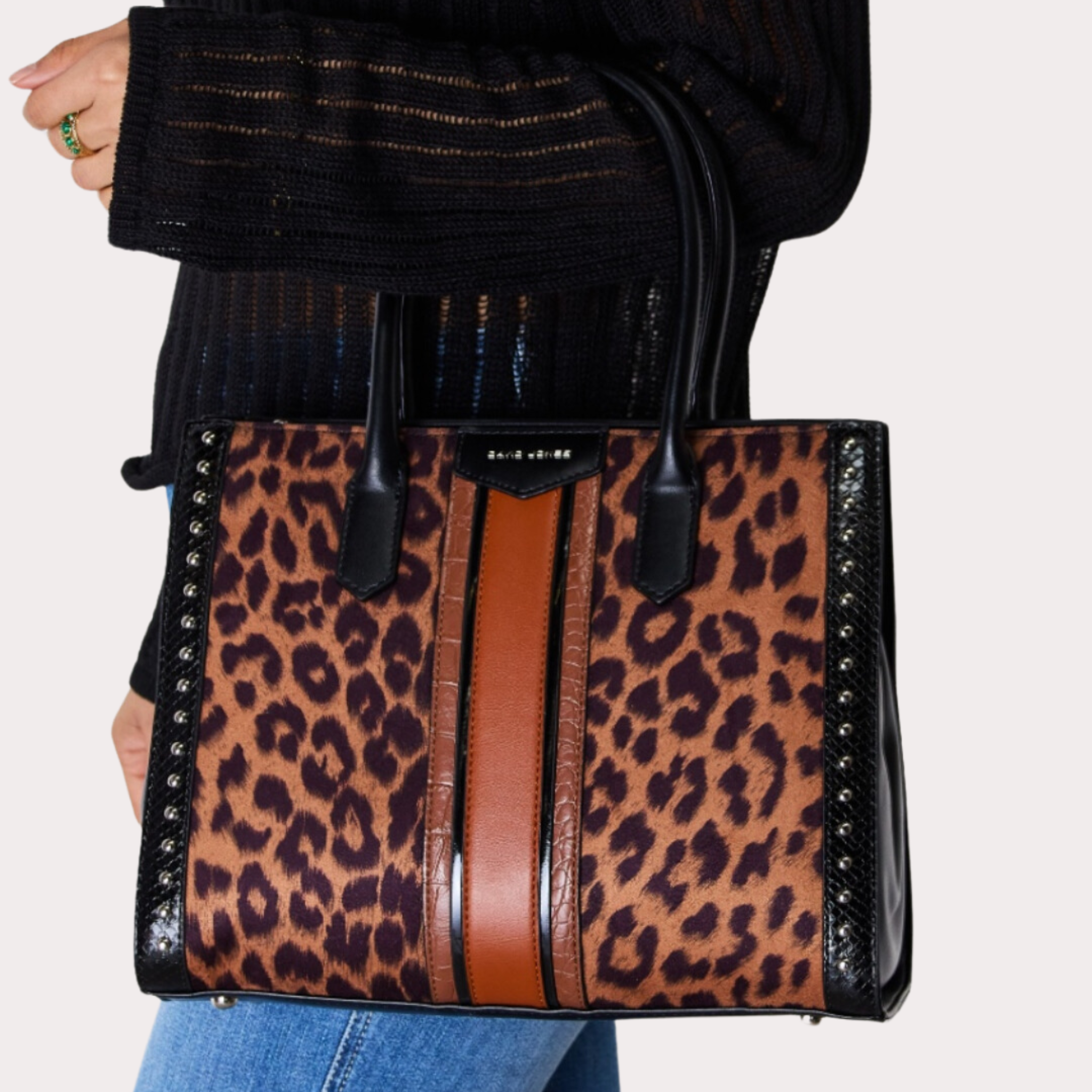 David Jones Leopard Contrast Rivet Handbag